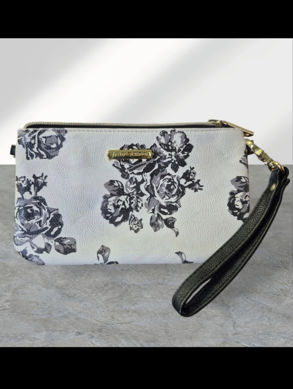 Betsey Johnson White Floral Wristlet with Black Strap